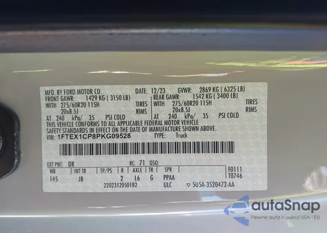 2023 Ford F-150 Xl из США, поврежденный, VIN 1FTEX1CP8PKG09528